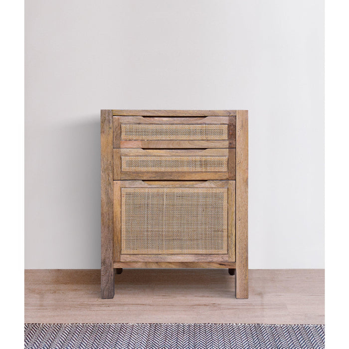 Ryan 31 Inch Cottage ManWoodStorage Cabinet Table, Cane Rattan Panels, 3 Drawers, Natural Brown