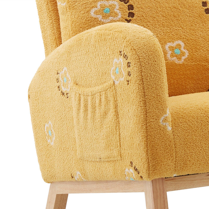 26.8"WModern Rocking Chair for Nursery, Mid Century Accent Rocker Armchair With Side Pocket, Upholstered High Back Wooden Rocking Chair for Living Room Baby Kids Room Bedroom, Mustard Boucle