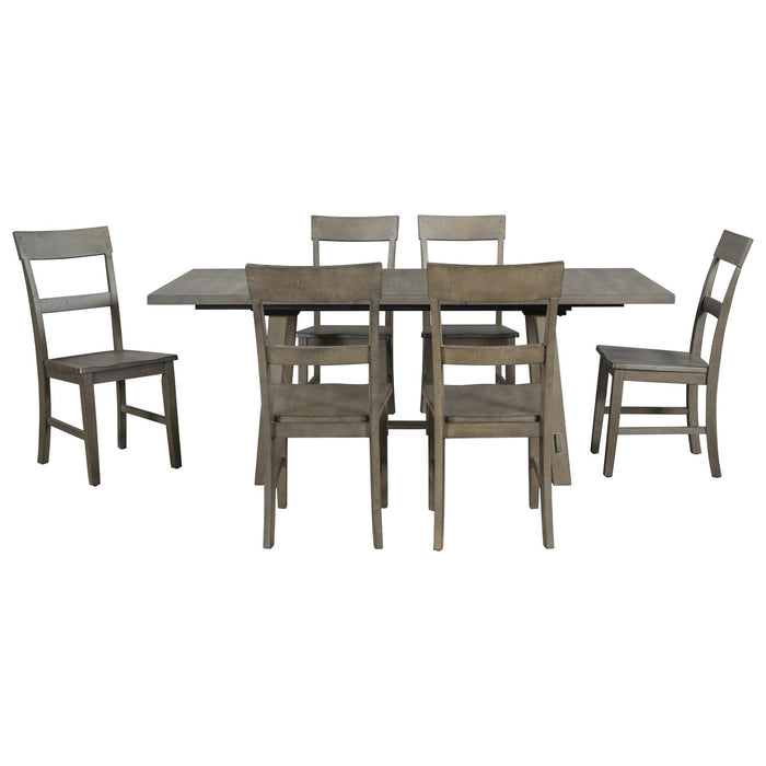 Retro Industrial Style 7-Piece Dining Table Set Extendable Table with 18” Leaf and Six Wood Chairs 
(Gray)