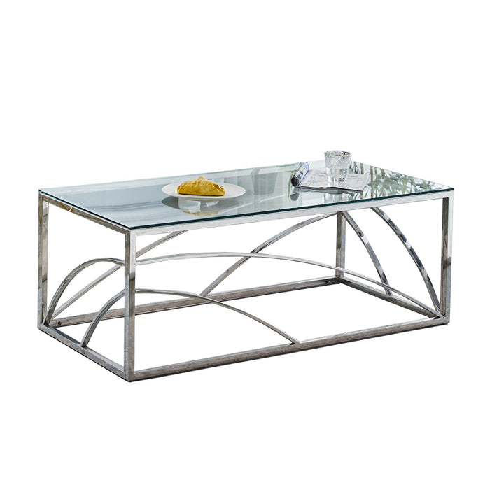 Stainless Steel Rectangular Accent Glass Coffee Table for Living Room- 46.8"Modern Sleek Center Table with Lounge Table with Clear Tempered Glass(Silver)