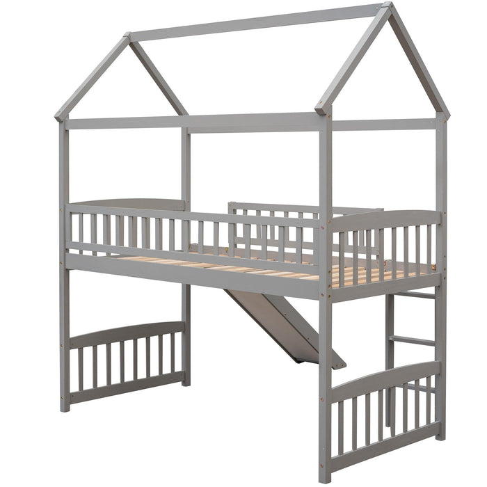 Twin Loft Bed with Slide, House Bed with Slide,White