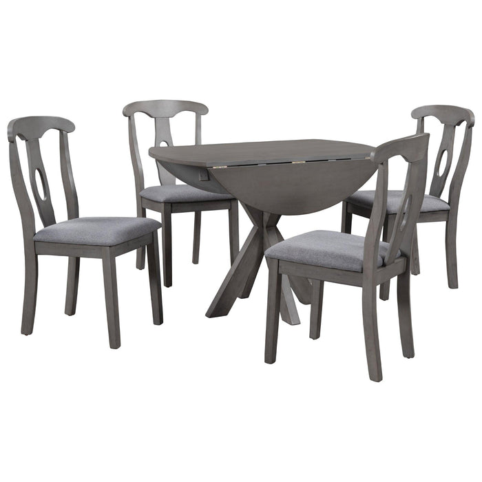 Rustic Farmhouse 5-Piece Wood Round Dining Table Set for 4, Kitchen Furniture with Drop Leaf and 4 Padded Dining Chairs for Small Places, Grey