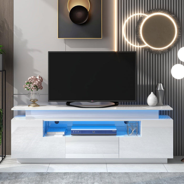 Modern, Stylish Functional TV stand with Color Changing LED Lights, Universal Entertainment Center, High Gloss TV Cabinet for 75+ inch TV, White