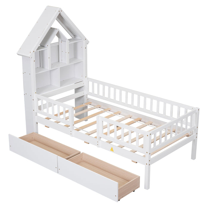 Twin Size House-Shaped Headboard Bed with Fence Guardrails and Drawers ,White