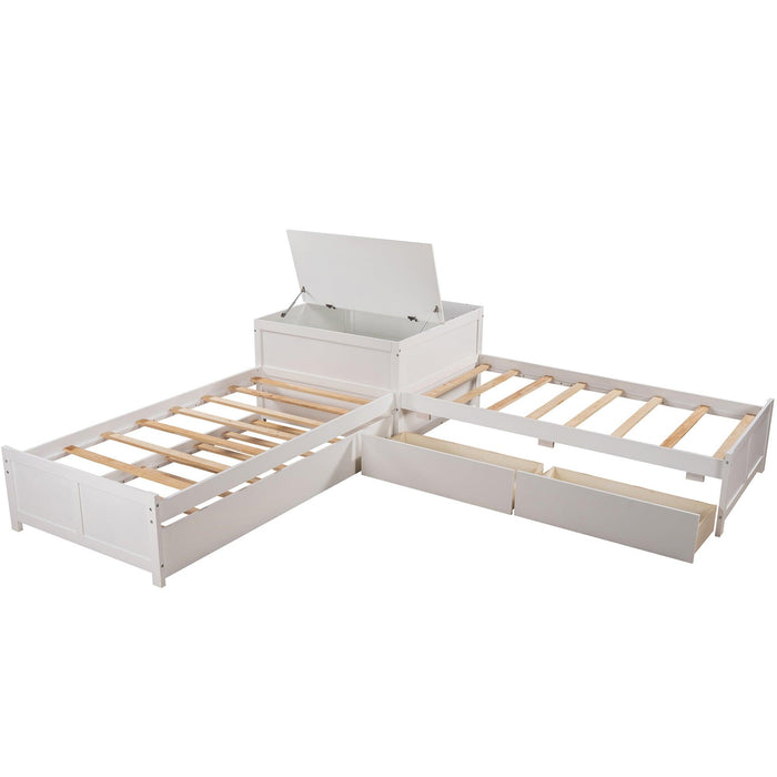 L-shaped Platform Bed with Trundle and Drawers Linked with built-in Flip Square Table,Twin,White