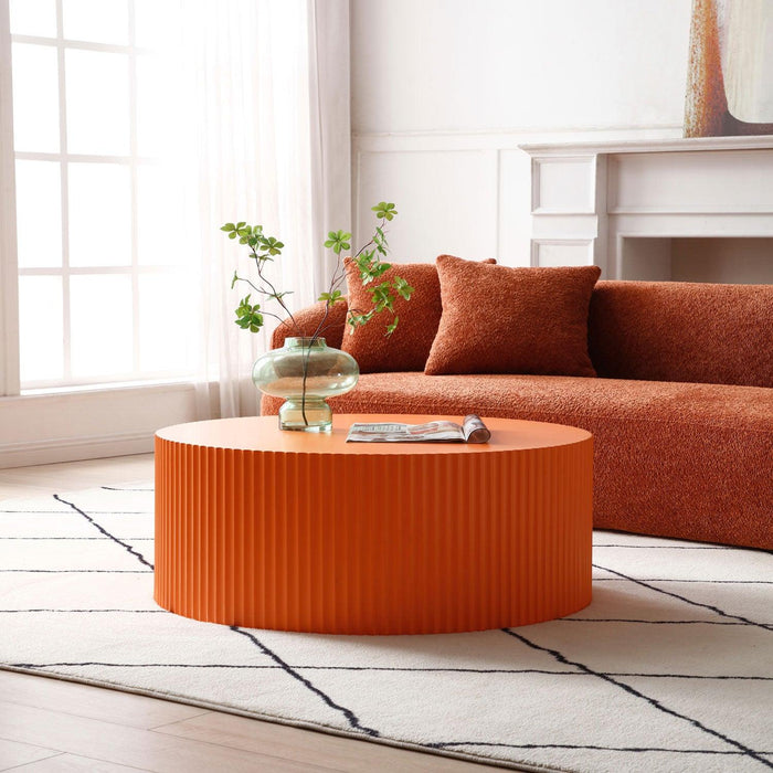 Stylish Round MDF Coffee Table with Handcraft Relief Design φ35.43inch, Bright Orange