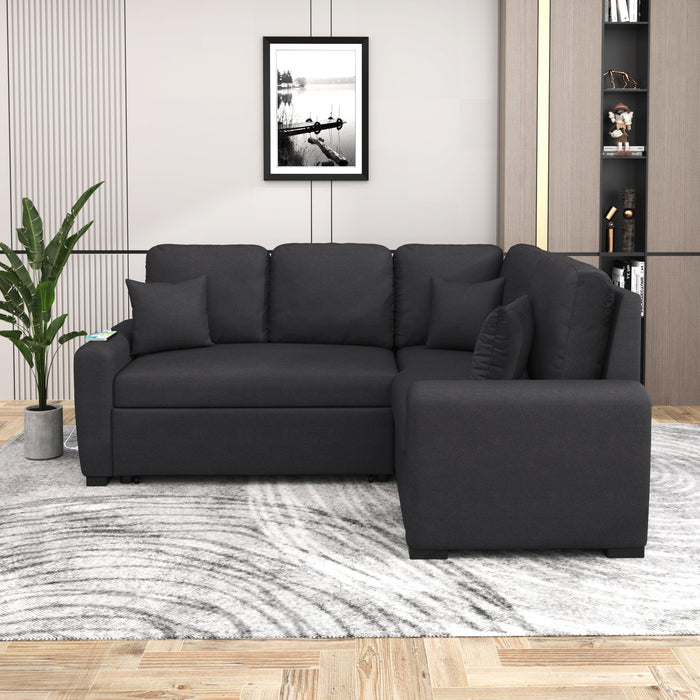 76.7"Sectional Sleeper Sofa with USB Charging Port and Plug Outlet,Pull-Out Sofa Bed with 3 Pillows, L-Shape Chaise for Living Room Small Apartment,Black