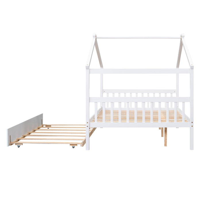 Full Size Wooden House Bed with Twin Size Trundle, White