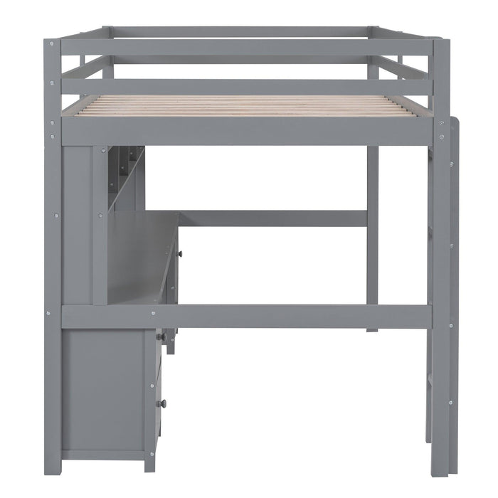 Full Size Loft Bed with Desk, Cabinets, Drawers and Bedside Tray, Charging Station, Gray