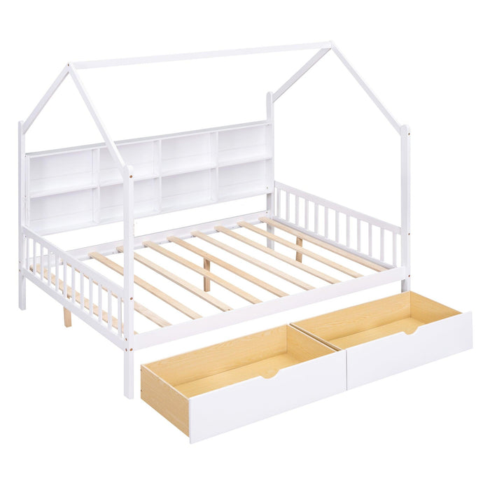 Wooden Full Size House Bed with 2 Drawers,Kids Bed withStorage Shelf, White