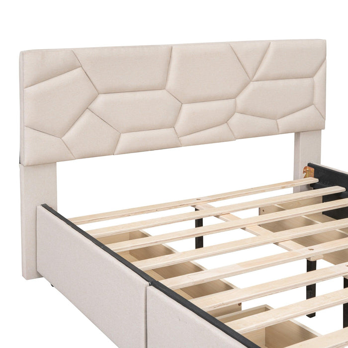 Full Size Upholstered Platform Bed with Brick Pattern Heardboard and 4 Drawers, Linen Fabric, Beige