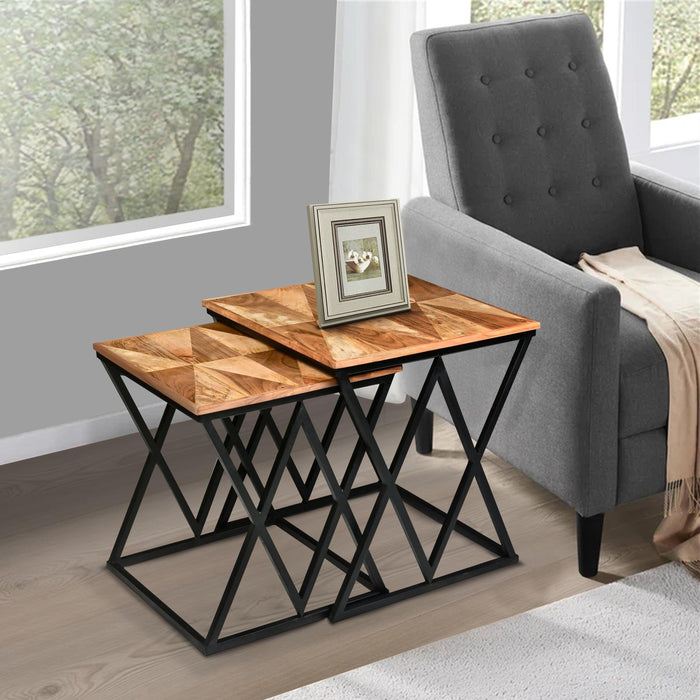 Madeline 25, 23 Inch Square 2 Piece Nesting End Table Set, Wood Top, Iron Frame, Brown and Black