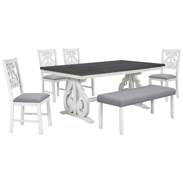 6-Piece Wooden Dining Table Set, Farmhouse Rectangular Dining Table, Four Chairs with Exquisitely Designed Hollow Chair Back and Bench for Home Dining Room (Gray+White)