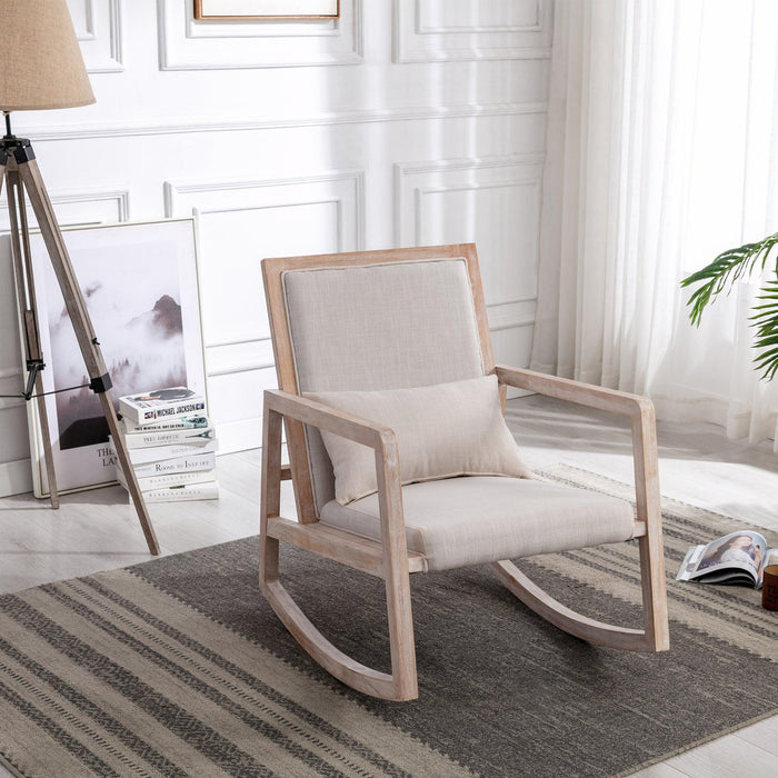 Solid wood linen fabric antique white wash painting rocking chair with  removable lumbar pillow