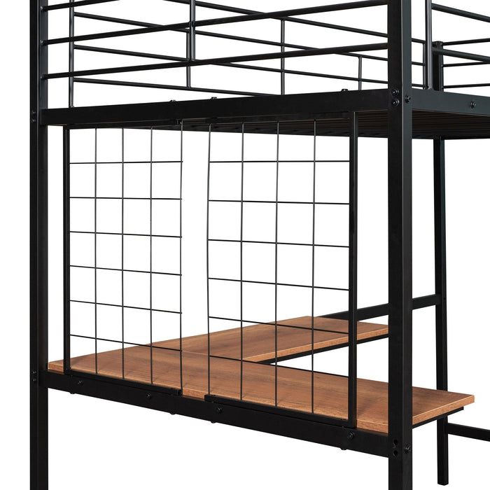 Twin Metal Loft Bed with Desk and Metal Grid,Black