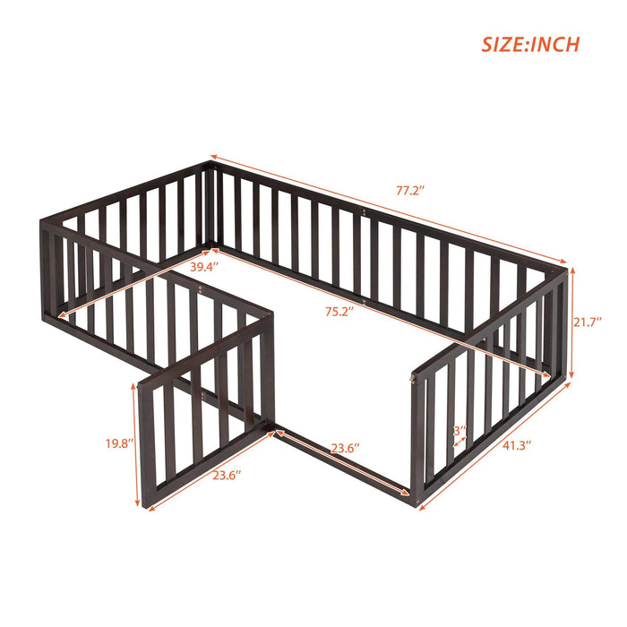 Twin Size Wood Floor Bed Frame with Fence and Door, Walnut