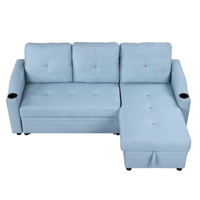 80.3"  Pull Out Sofa BedModern Padded Upholstered Sofa Bed , Linen Fabric 3 Seater Couch withStorage Chaise and Cup Holder , Small Couch for Small Spaces