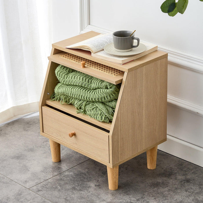 Modern simpleStorage cabinet MDF Board bedside cabinet Japanese rattan bedside cabinet Small household furniture bedside table.Applicable to dressing table in bedroom, porch, living room.2 Drawers