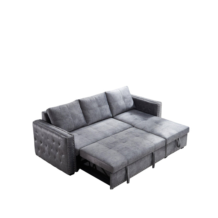 Sectional sofa with pulled out bed,  2 seats sofa and reversible chaise withStorage, both hands with copper nail, GREY, (91" x 64" x 37")