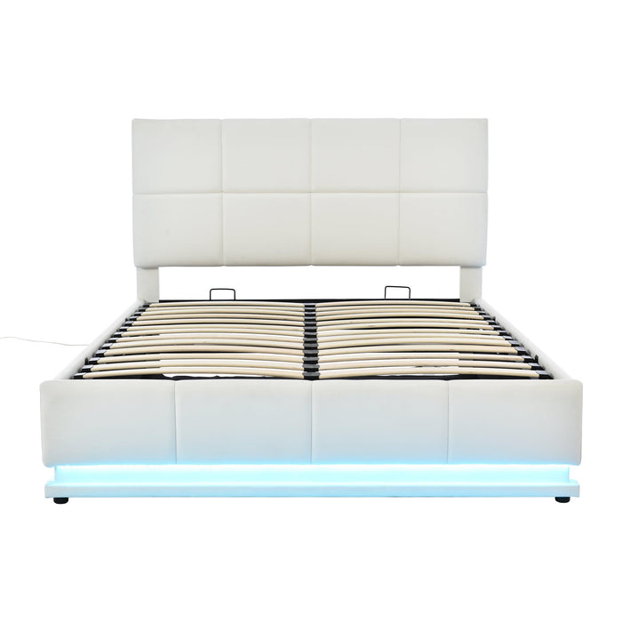 Tufted Upholstered Platform Bed with HydraulicStorage System,Queen Size PUStorage Bed with LED Lights and USB charger, White