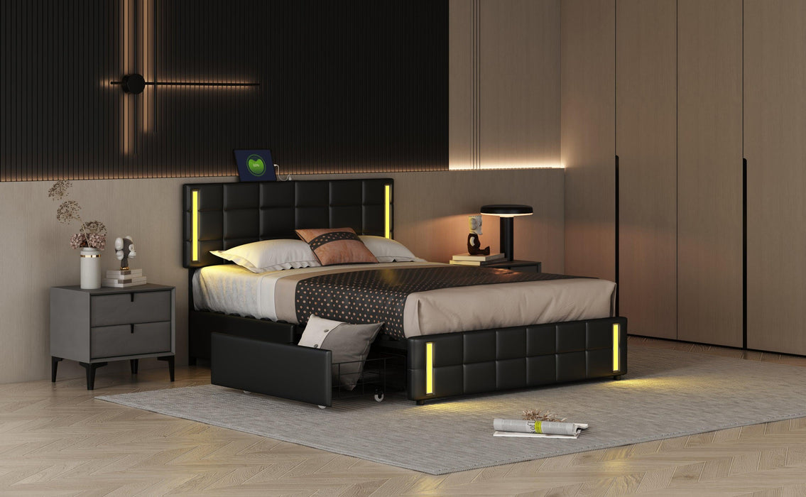 Queen Size Upholstered Platform Bed with LED Lights and USB Charging,Storage Bed with 4 Drawers, Black