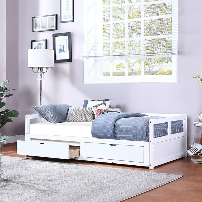 Wooden Daybed with Trundle Bed and TwoStorage Drawers , Extendable Bed Daybed,Sofa Bed for Bedroom Living Room,White