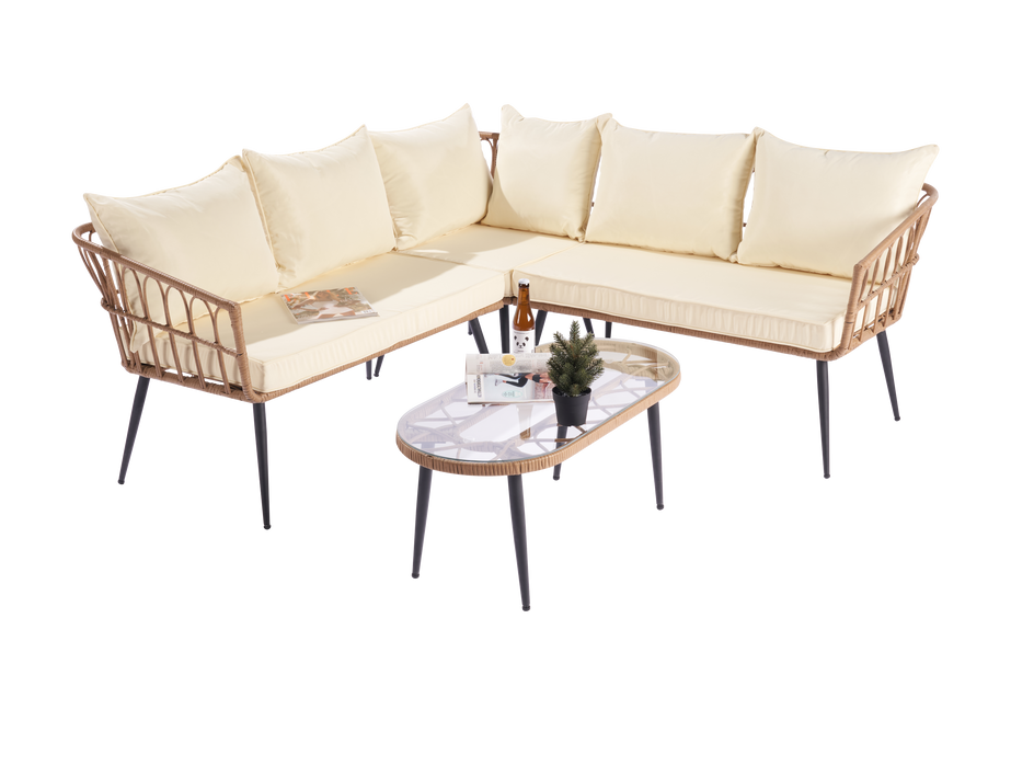 Outdoor Garden Rattan Furniture Sofa Set natural rattan color with beige cushion