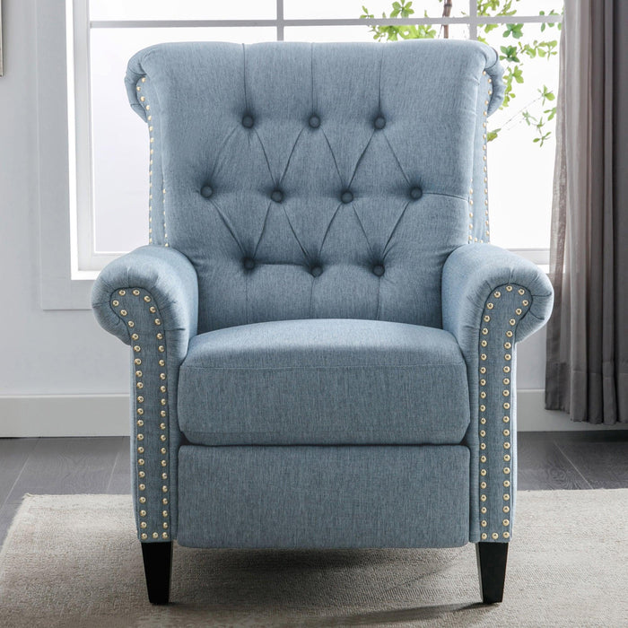 Pushback Linen Tufted Recliner Single Sofa with Nailheads Roll Arm for Living Room, Bedroom, Office, Blue