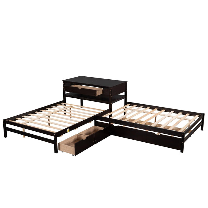 Full Size L-shaped Platform Beds with Twin Size Trundle and Drawers Linked with Built-in Rectangle Table,Espresso