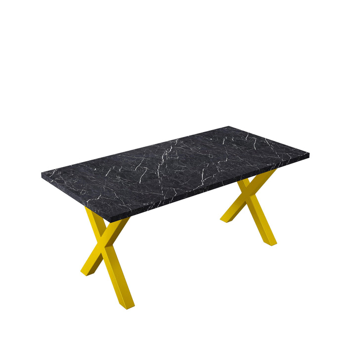 70.87"Modern Square Dining Table with Printed Black Marble Table Top+Gold X-Shape Table Leg