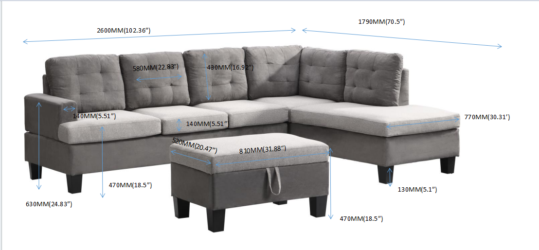 Sofa Set  for Living Room with Chaise Lounge andStorage Ottoman Living Room Furniture  Gray