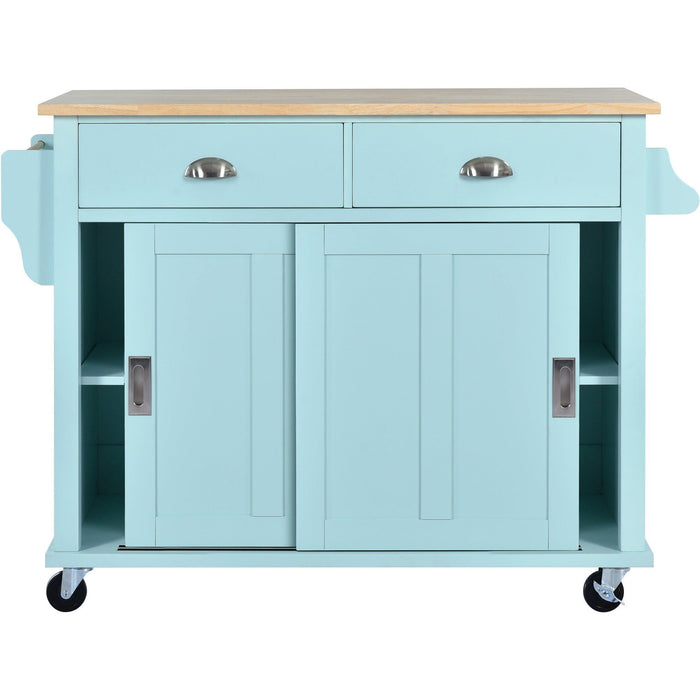 Kitchen Cart with Rubber wood Drop-Leaf Countertop, Concealed sliding barn door adjustable height,Kitchen Island on 4 Wheels withStorage Cabinet and 2 Drawers,L52.2xW30.5xH36.6 inch, Mint Green