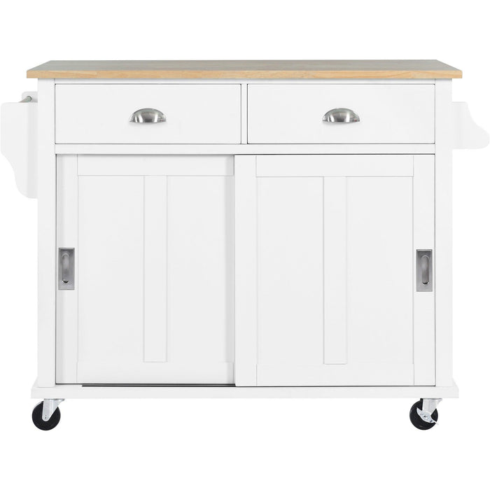 Kitchen Cart with Rubber wood Drop-Leaf Countertop, Concealed sliding barn door adjustable height,Kitchen Island on 4 Wheels withStorage Cabinet and 2 Drawers,L52.2xW30.5xH36.6 inch, White