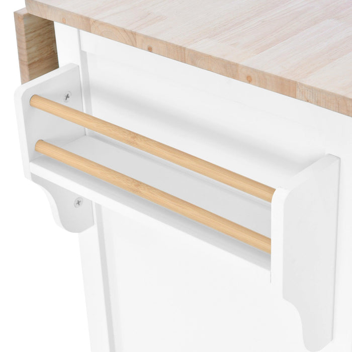 Kitchen Cart with Rubber wood Drop-Leaf Countertop, Concealed sliding barn door adjustable height,Kitchen Island on 4 Wheels withStorage Cabinet and 2 Drawers,L52.2xW30.5xH36.6 inch, White