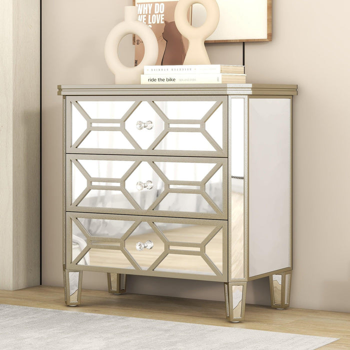 Elegant Mirrored 3-Drawer Chest with Golden LinesStorage Cabinet for Living Room, Hallway, Entryway