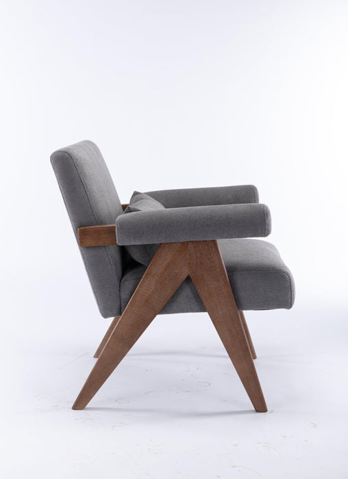 Accent chair, KD rubber wood legs with Walnut finish. Fabric cover the seat. With a cushion.Grey