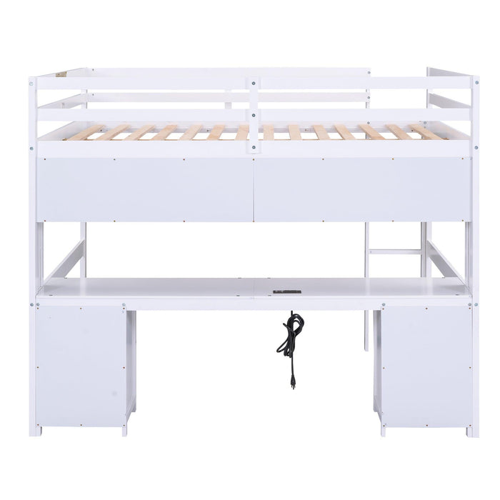 Full Size Loft Bed with Desk, Cabinets, Drawers and Bedside Tray, Charging Station, White