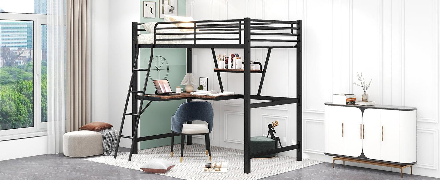 Twin Size Loft Metal&MDF Bed with Desk and Shelf, Black