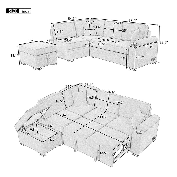 87.4" Sleeper Sofa Bed,2 in 1 Pull Out sofa bed L Shape Couch withStorage Ottoman for Living Room,Bedroom Couch and Small Apartment，Beige