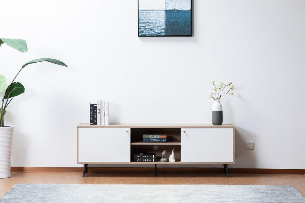 Aurora Light Brown Wood Finish TV Stand with 2 White Cabinets and Modular Shelves