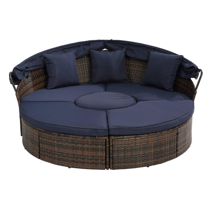 Rattan Round Lounge With Canopy Bali Canopy Bed Outdoor, Wicker Outdoor Sofa Bed with lift coffee table