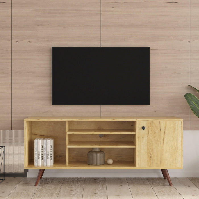 Mid-Century TV Stand for TVs up to 60 Inches, Entertainment Center with OpenStorage Shelves & Cabinet,Modern TV Console for Living Room, Rustic Oak.