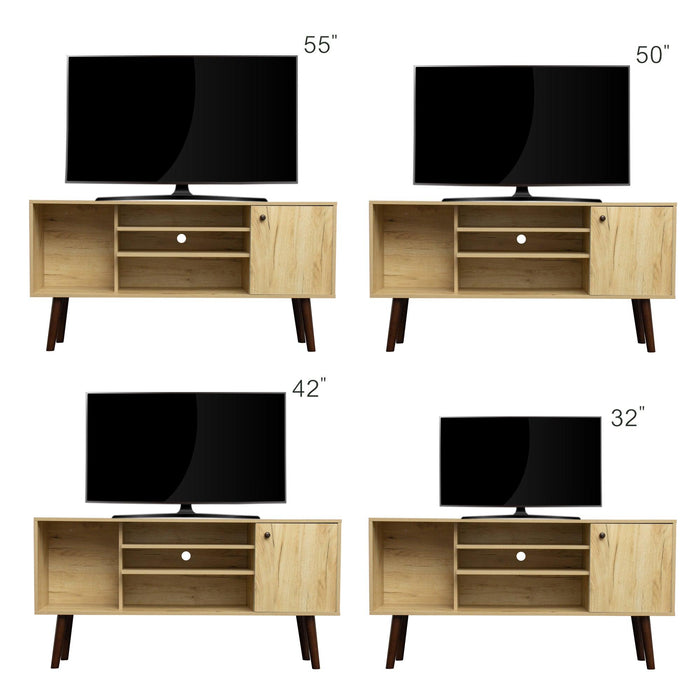 Mid-Century TV Stand for TVs up to 60 Inches, Entertainment Center with OpenStorage Shelves & Cabinet,Modern TV Console for Living Room, Rustic Oak.