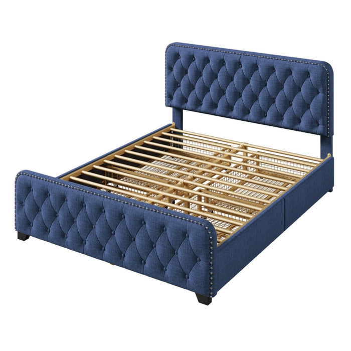 Upholstered Platform Bed Frame with Four Drawers, Button Tufted Headboard and Footboard Sturdy Metal Support, No Box Spring Required, Blue, Queen