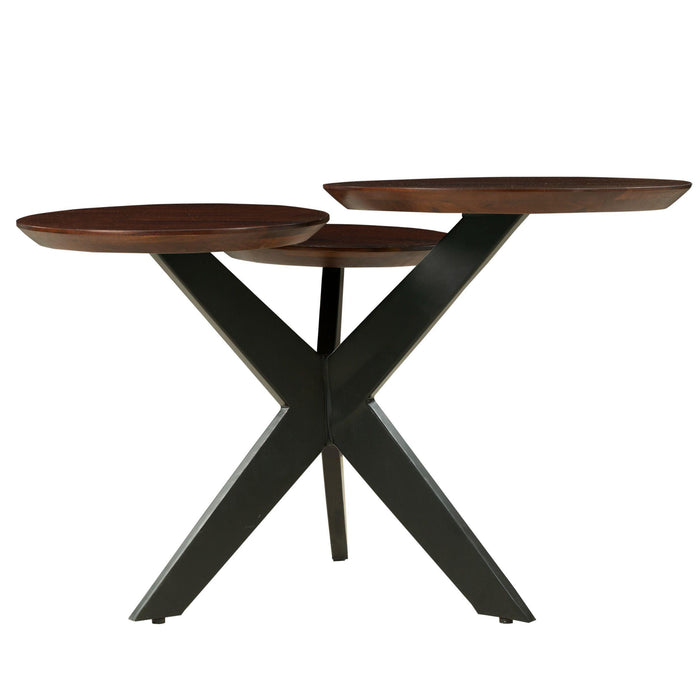 Modern Coffee Table with 3 Tier Wooden Top and Boomerang Legs, Brown and Black