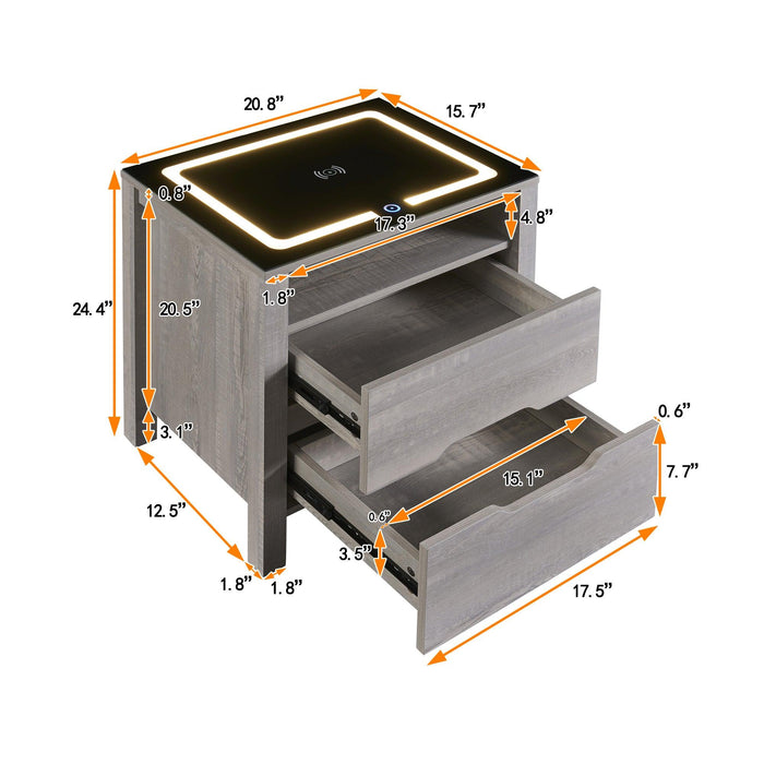 MultifunctionalStorage Nightstand with 2 Drawers and an open shelf, Wireless Charging with adjustable LED, Brown