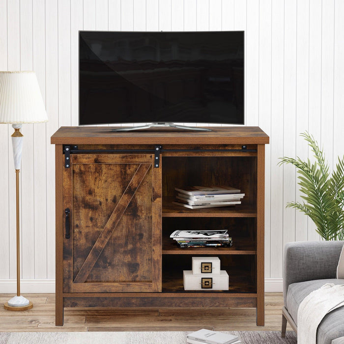 Locker&TV Stand，Barn doorModern &farmhousewood entertainment center, Console for Media,removable door panel & living room with for tvs up to 32'',BARNWOOD/BLACK