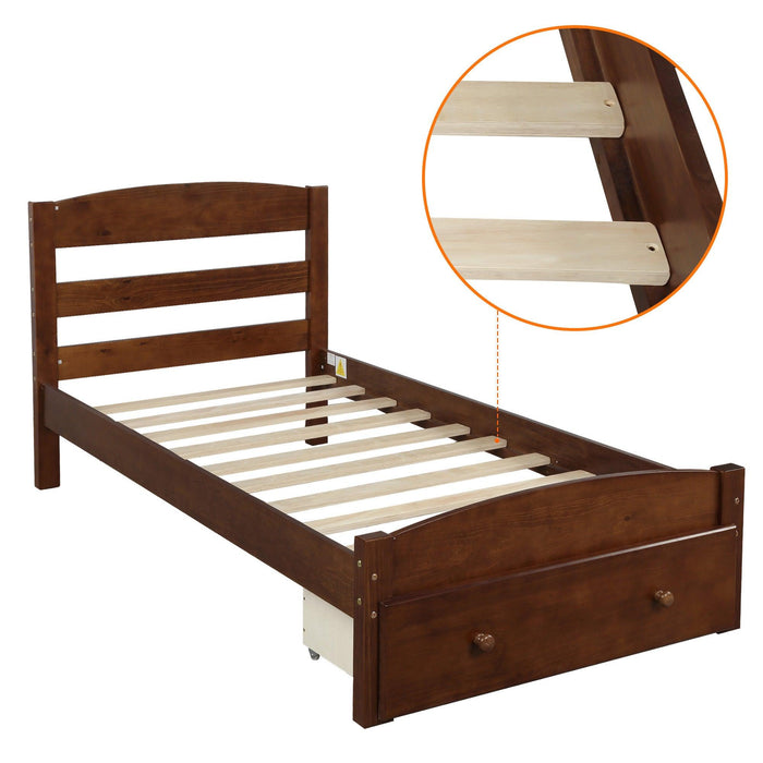 Platform Twin Bed Frame withStorage Drawer and Wood Slat Support No Box Spring Needed, Walnut