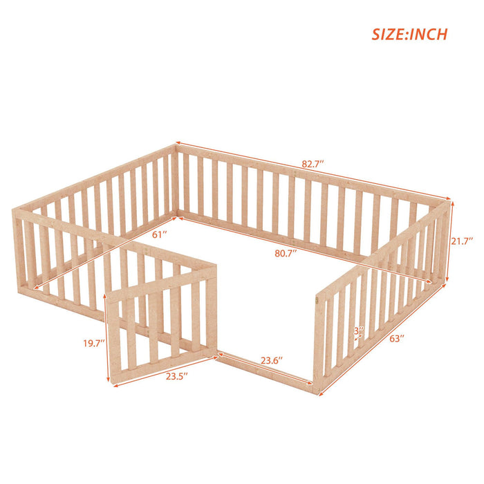 Queen Size Wood Floor Bed Frame with Fence and Door, Natural