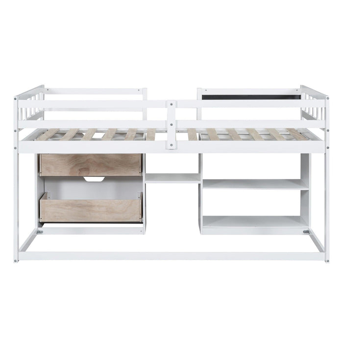 Twin Size Low Loft Bed with Rolling Desk, Shelf and Drawers - White